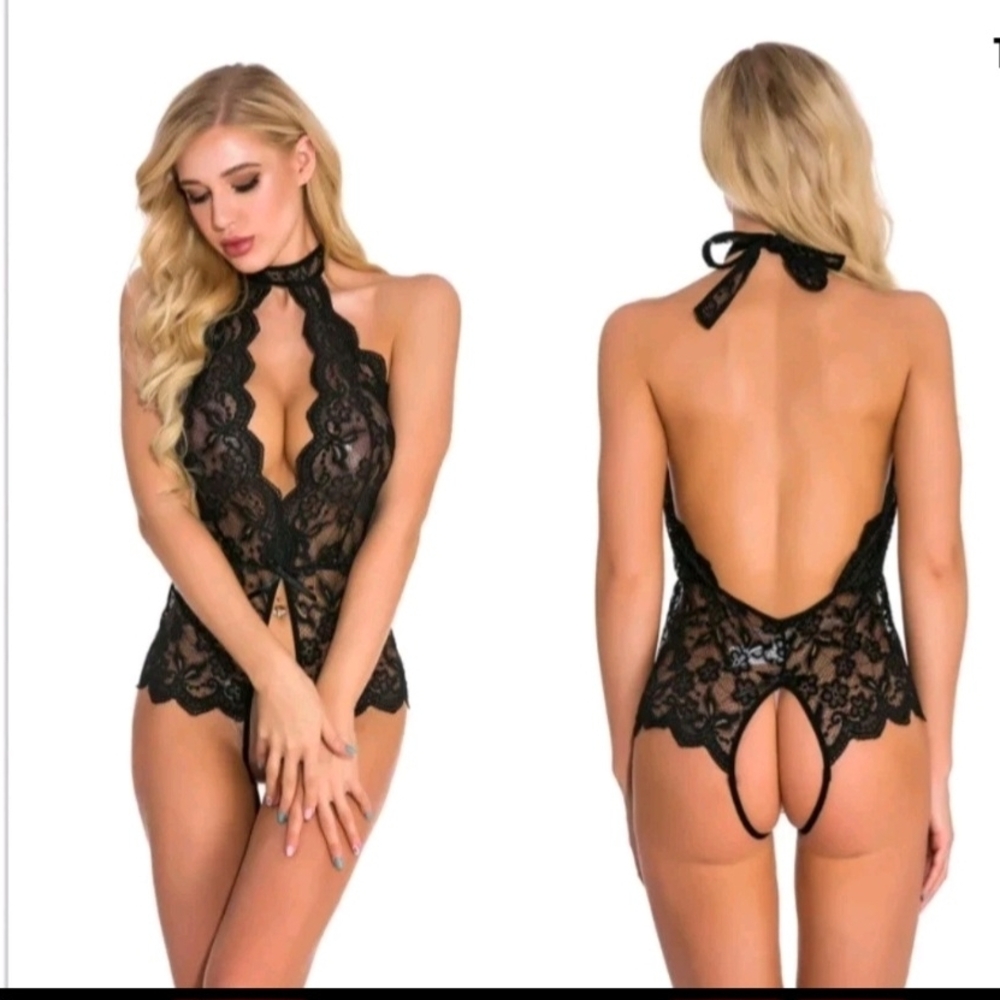 Black Lace Halter Bodysuit